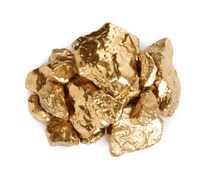 Photo of Pile of shiny gold nuggets on white background, top view