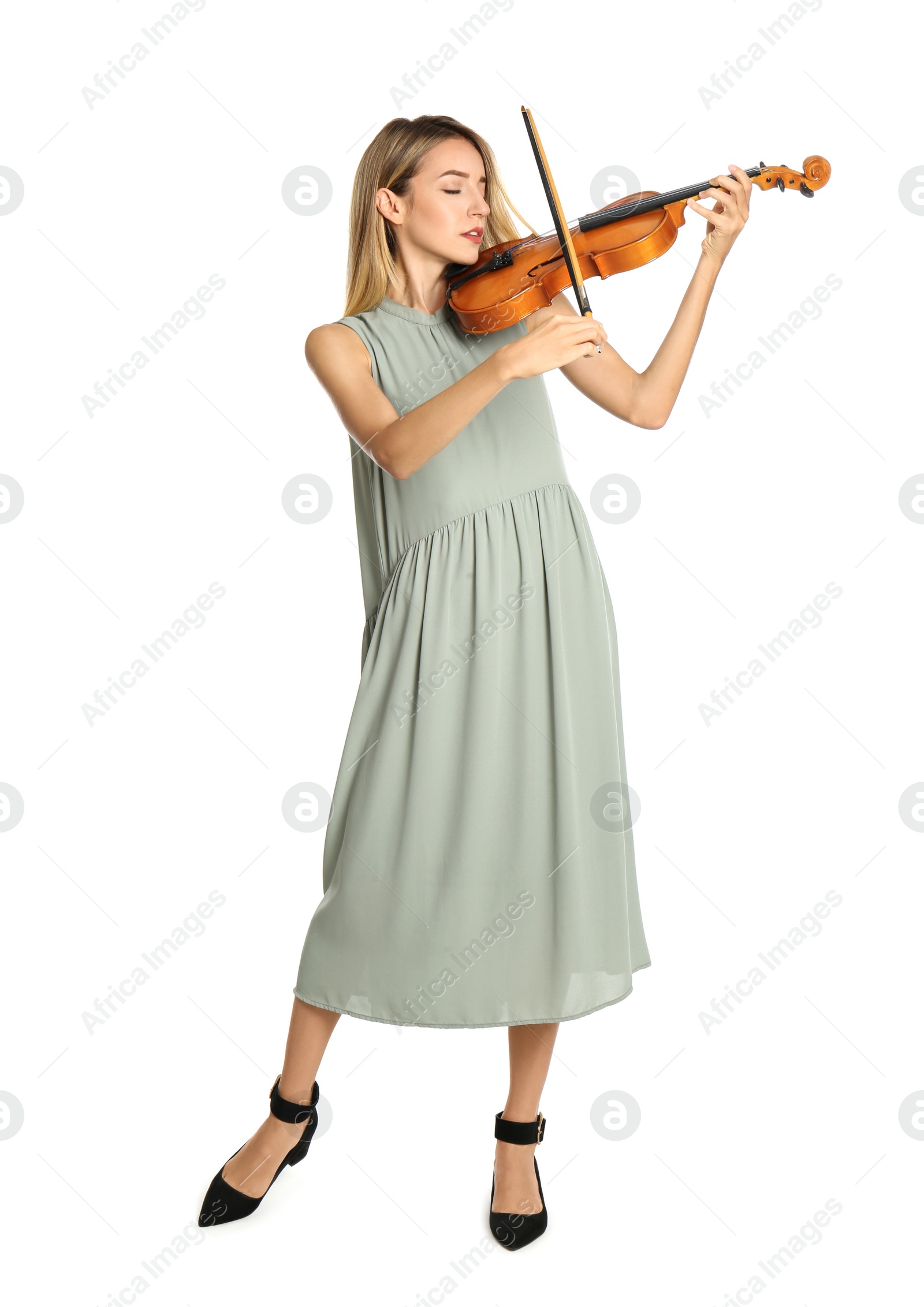 Photo of Beautiful woman playing violin on white background