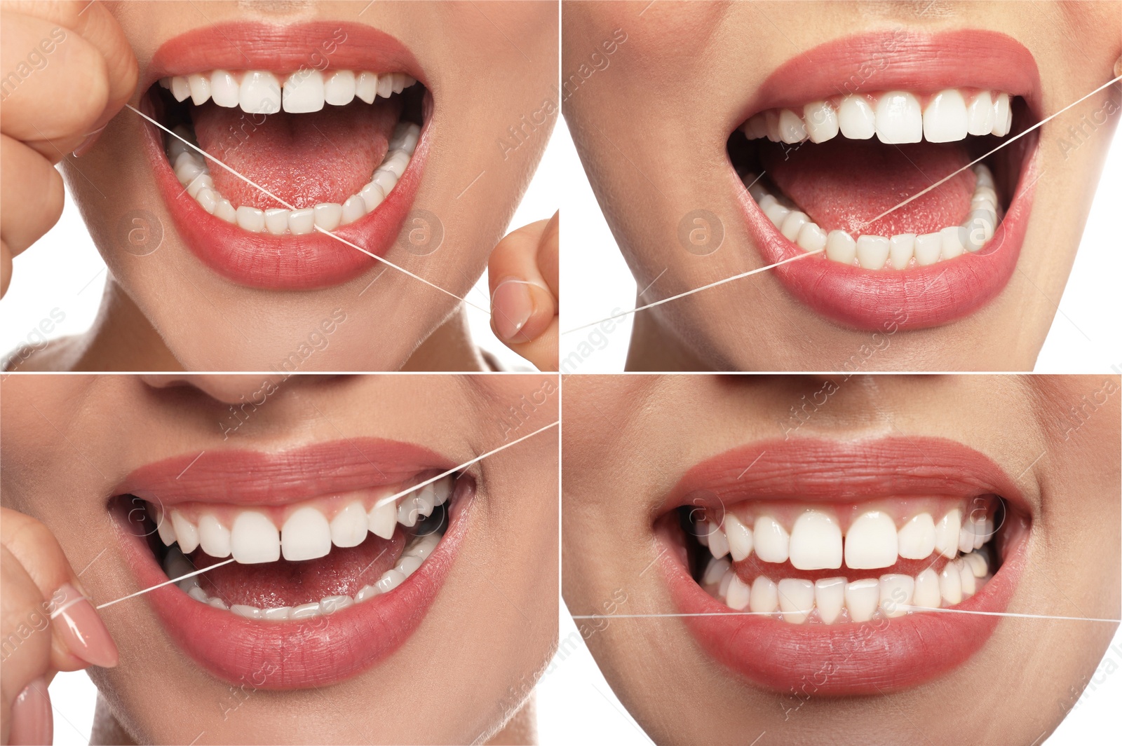 Image of Collage with photos of woman using dental floss on white background, closeup. Step by step instructions