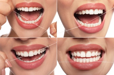 Collage with photos of woman using dental floss on white background, closeup. Step by step instructions