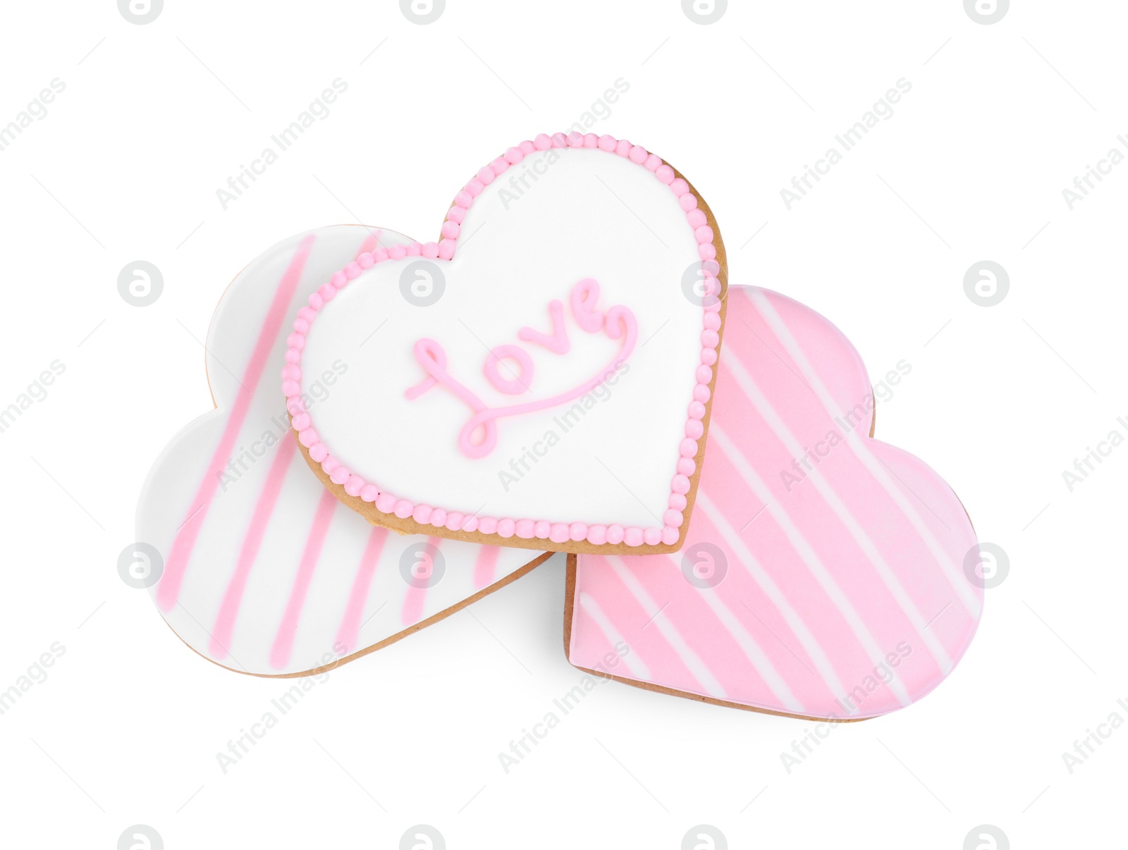 Photo of Delicious heart shaped cookies on white background, top view. Valentine's Day