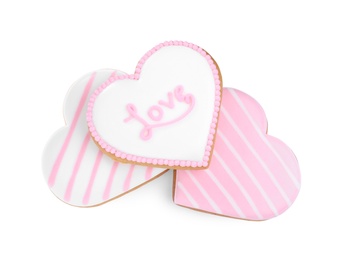 Delicious heart shaped cookies on white background, top view. Valentine's Day