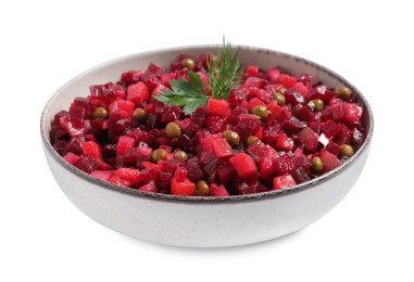 Photo of Bowl of delicious fresh vinaigrette salad isolated on white