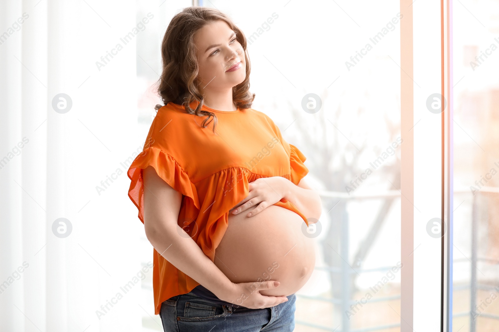 Photo of Young pregnant woman near window at home