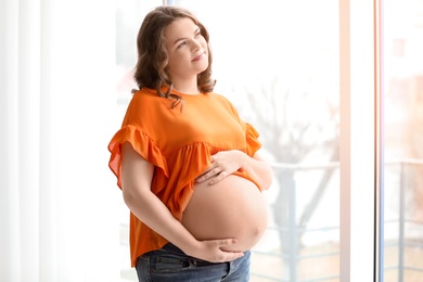 Young pregnant woman near window at home