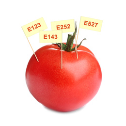 Image of Fresh tomato with E numbers isolated on white. Harmful food additives 