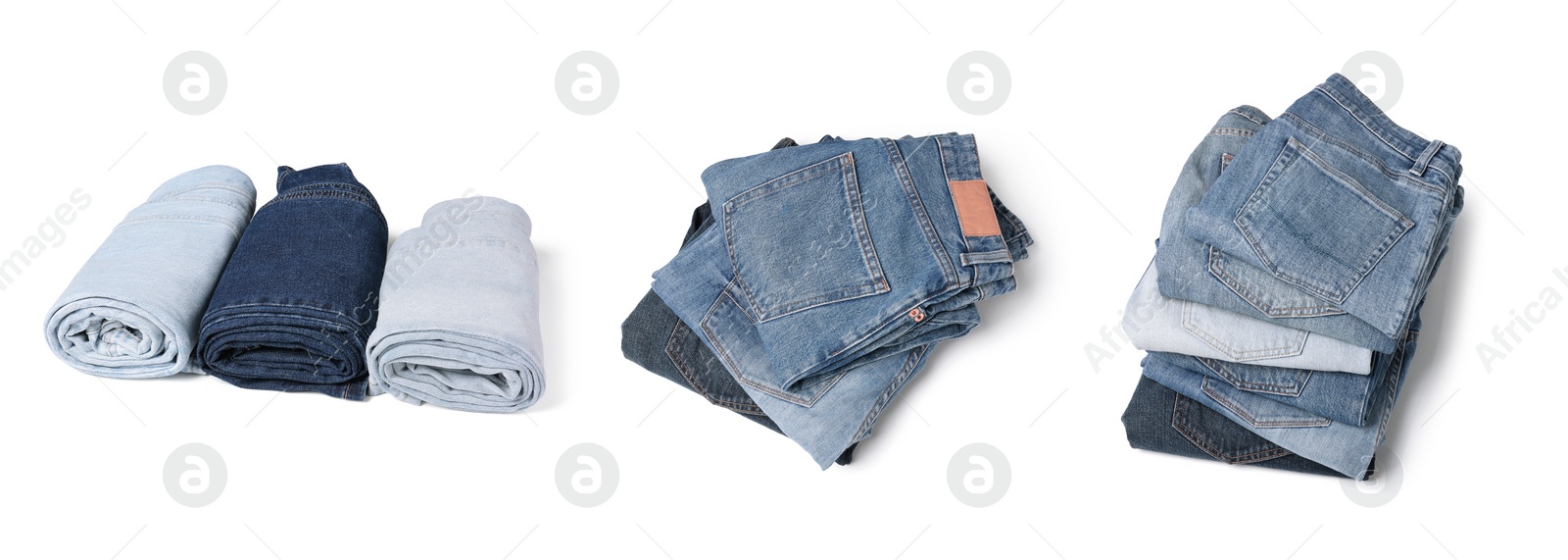 Image of Set with folded and rolled different jeans on white background