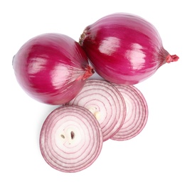 Photo of Fresh whole and cut red onions on white background, top view