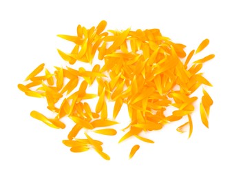 Pile of beautiful calendula petals on white background, top view