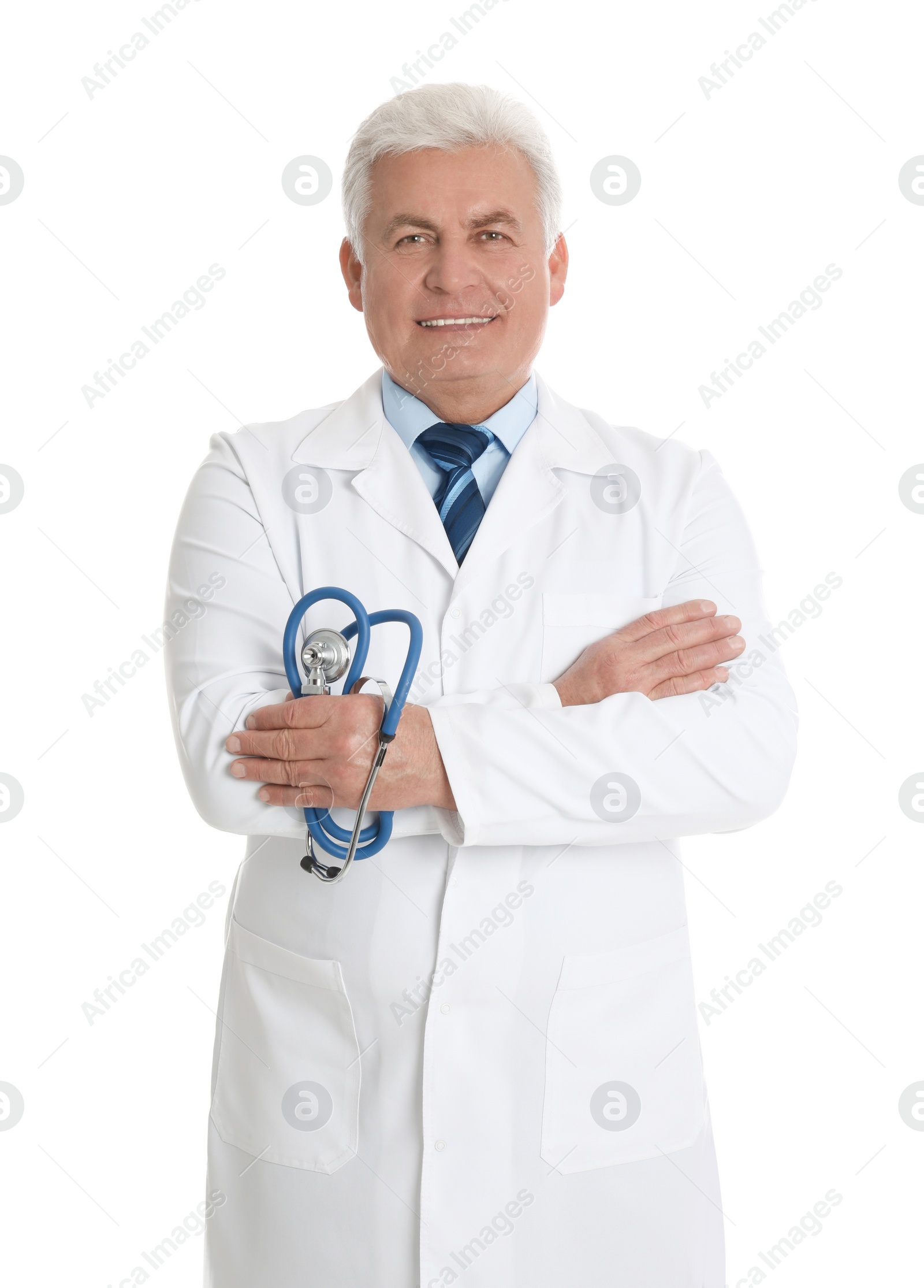 Photo of Senior doctor with stethoscope on white background