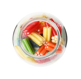 Photo of Tasty jelly candies in jar on white background, top view