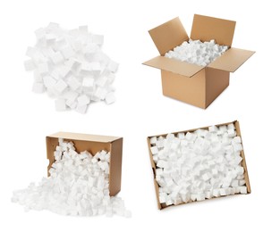 Image of Set with cardboard boxes with styrofoam cubes on white background