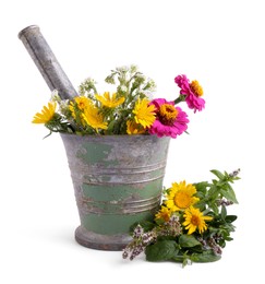 Mortar with different flowers and pestle on white background