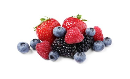 Photo of Many different ripe berries isolated on white