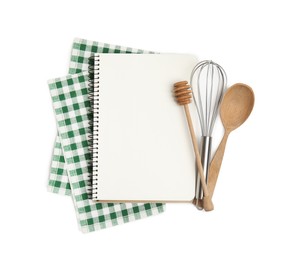 Blank recipe book, napkin and kitchen utensils on white background, top view. Space for text