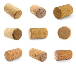 Set with wine corks on white background