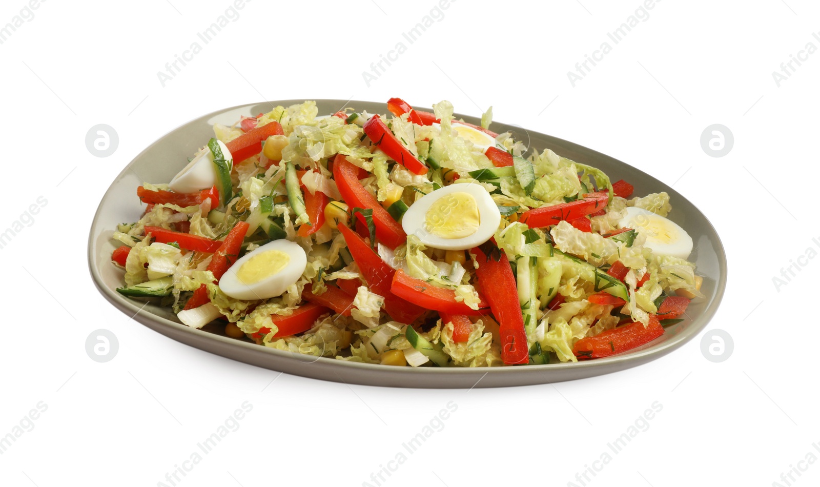 Photo of Plate of delicious salad with Chinese cabbage and quail eggs isolated on white