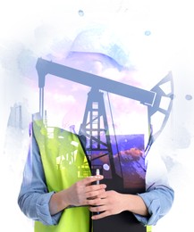 Image of Double exposure of crude oil pumps and woman wearing uniform on white background