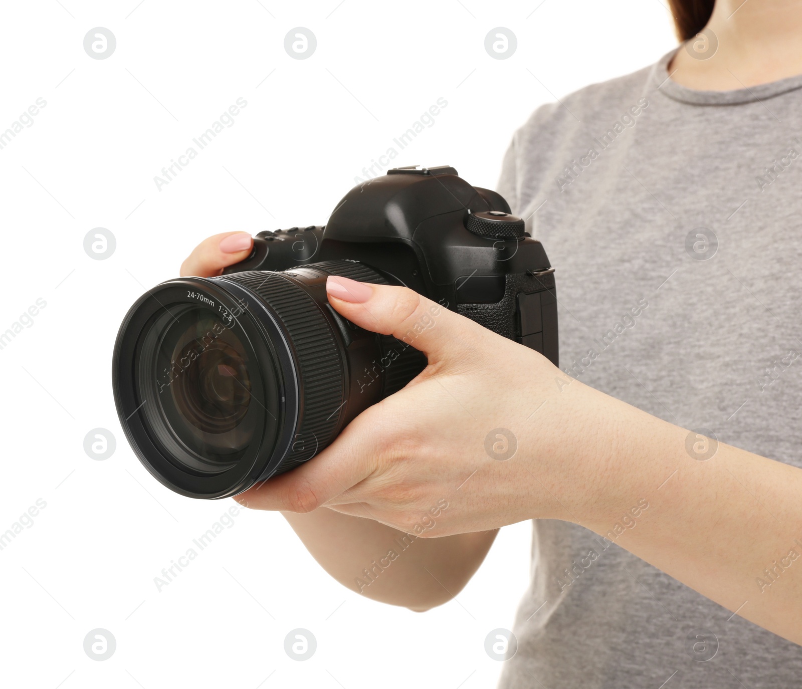 Photo of Photographer with camera on white background, closeup