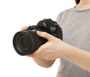 Photographer with camera on white background, closeup