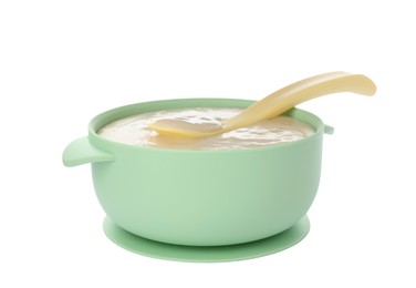 Photo of Healthy baby food in bowl on white background