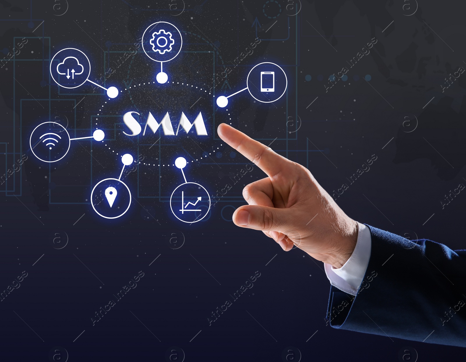 Image of Social media marketing concept. Man touching virtual icon SMM against dark background, closeup