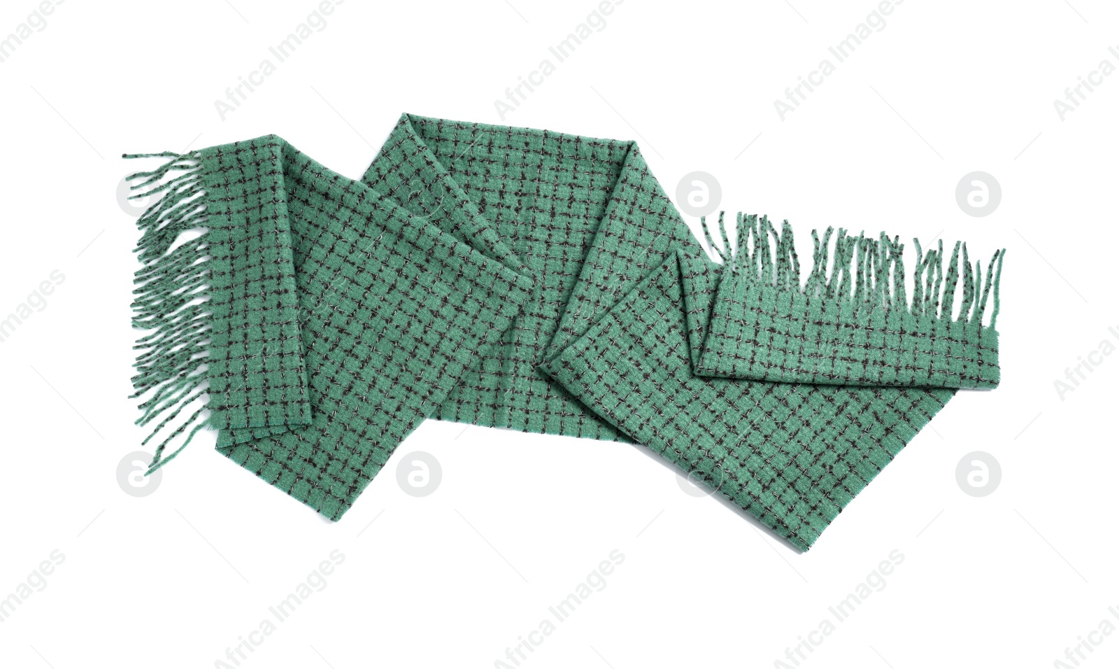 Photo of One beautiful green scarf on white background, top view