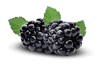 Image of Fresh ripe blackberries with green leaves on white background