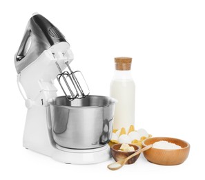 Photo of Stand mixer and different ingredients for dough isolated on white