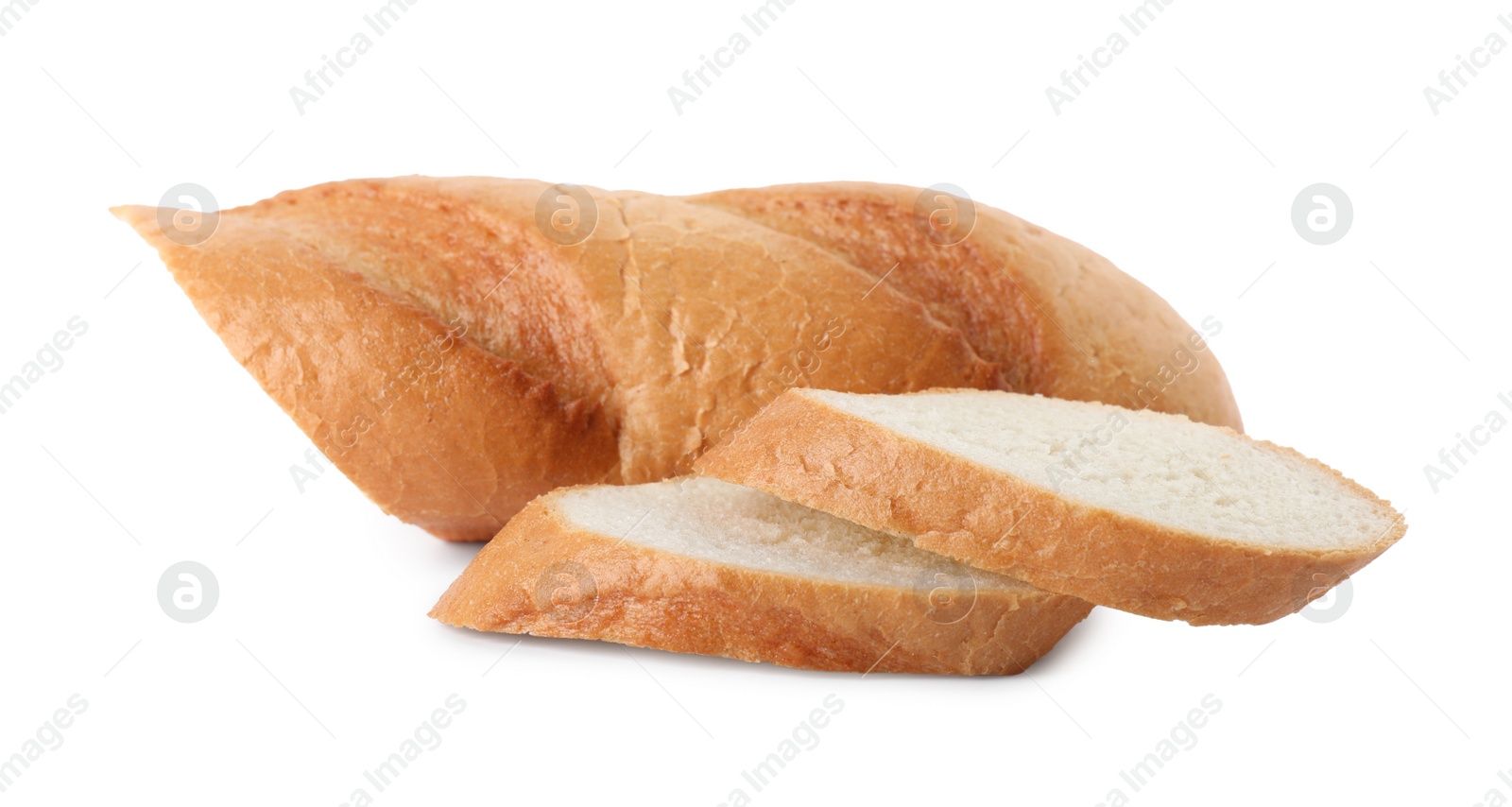 Photo of Pieces of fresh baguette on white background