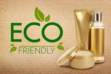 Image of Organic eco friendly cosmetic products on cardboard background