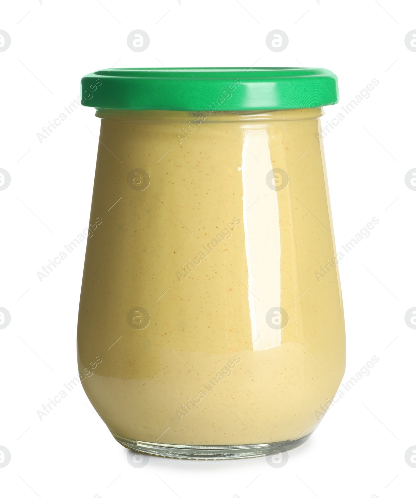 Photo of Delicious mustard in glass jar on white background. Spicy sauce