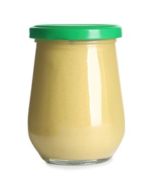 Delicious mustard in glass jar on white background. Spicy sauce