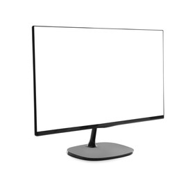 Photo of Modern computer monitor with black screen isolated on white