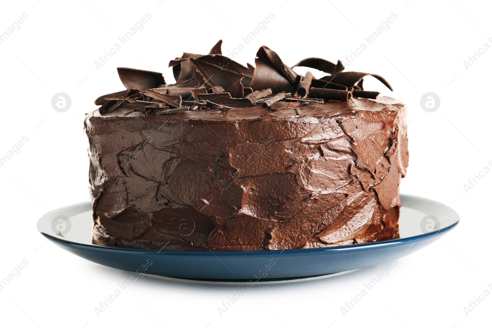 Photo of Plate with tasty homemade chocolate cake on white background