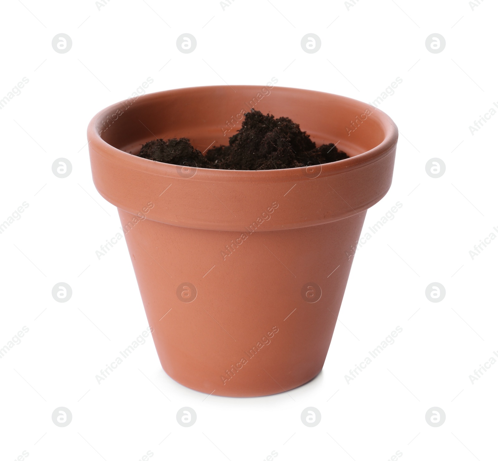 Photo of Stylish terracotta flower pot with soil isolated on white