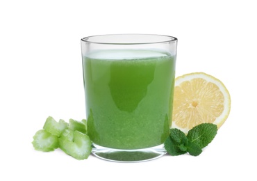 Photo of Fresh celery juice, mint and lemon on white background