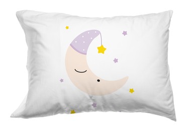 Image of Soft pillow with printed cute crescent moon isolated on white