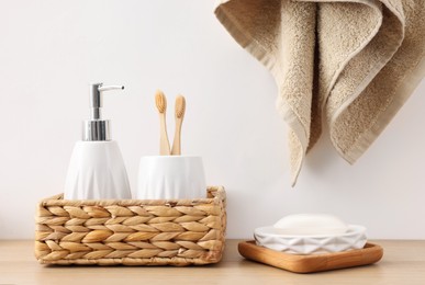 Photo of Different bath accessories and personal care products indoors