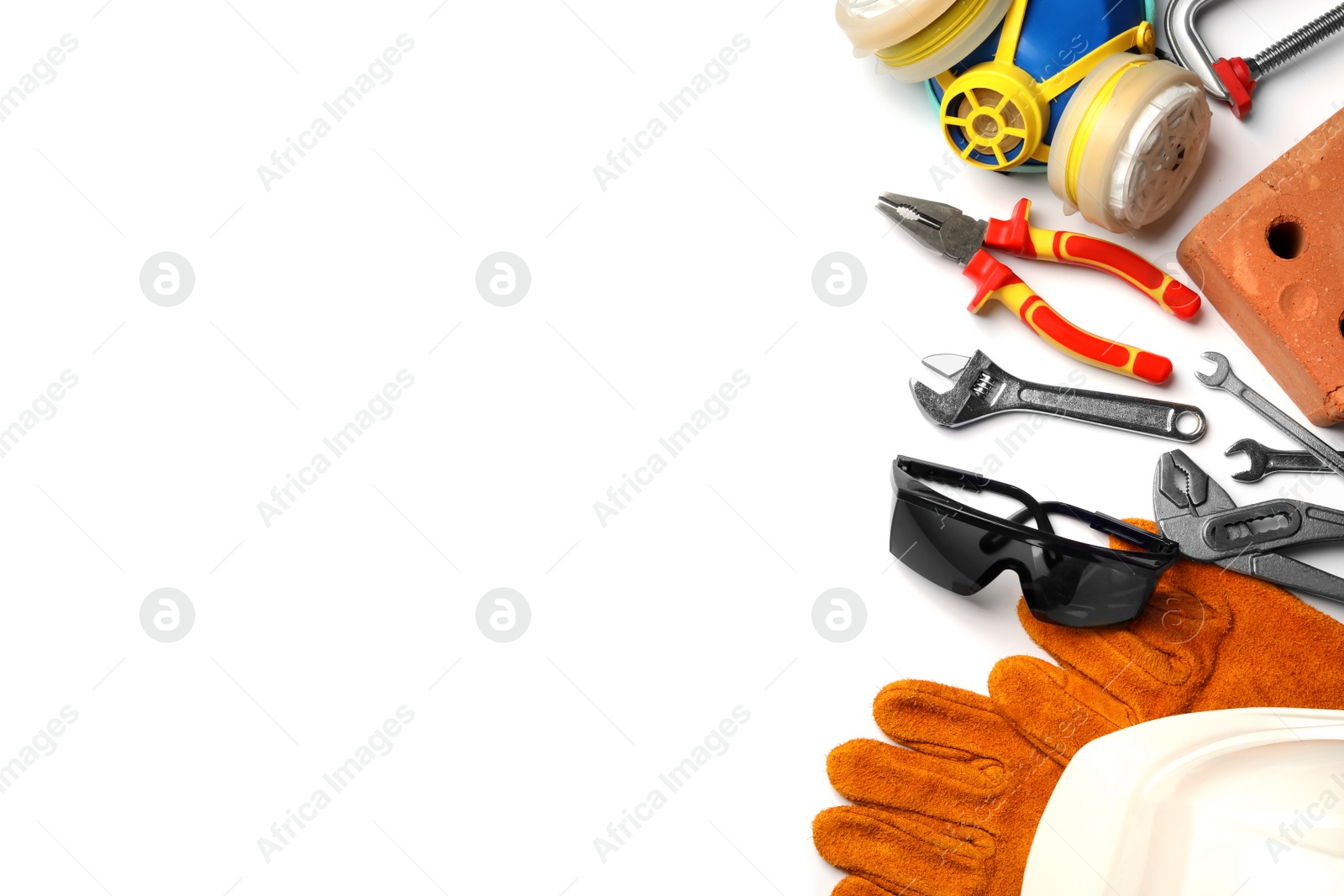 Photo of Composition with different construction tools on white background, top view