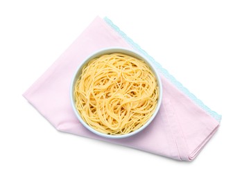 Photo of Bowl with tasty pasta on white background, top view