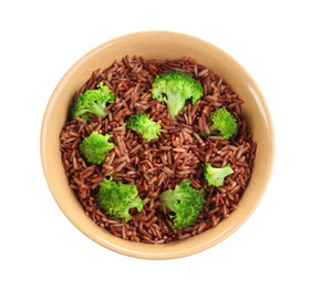 Photo of Delicious brown rice in bowl isolated on white, top view