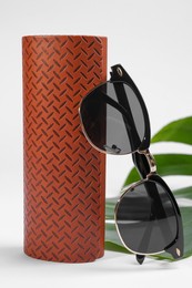 Stylish sunglasses and brown leather case with pattern on white background