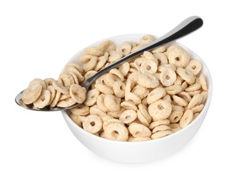 Photo of Tasty cereal rings in bowl and spoon isolated on white