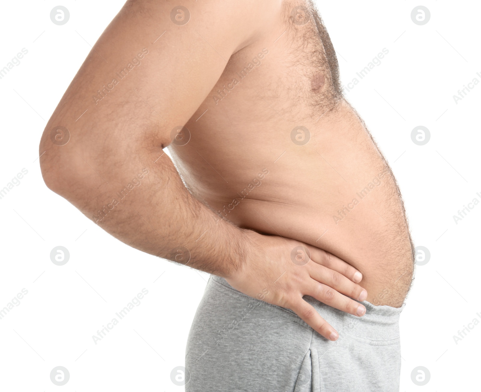 Photo of Overweight man on white background, closeup view