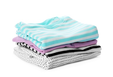 Photo of Stack of folded child clothes isolated on white