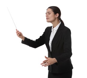 Photo of Professional young conductor with baton on white background
