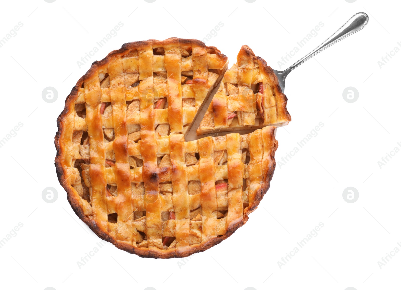 Photo of Traditional apple pie with spatula isolated on white, top view