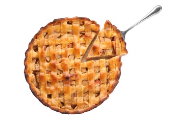 Photo of Traditional apple pie with spatula isolated on white, top view