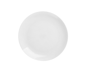 Stylish empty ceramic plate isolated on white, top view